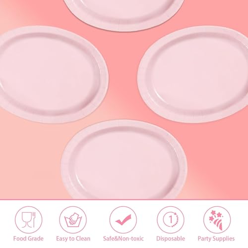Grencian 50Pcs Pink Oval Paper Plates 10" x 12" Large Disposable 400GSM Heavy Duty Light Pink Paper Plates for Valentine's Day Girls Women Birthday Wedding Bridal Shower Baby Shower Party Supplies - style: Pink Oval Plates Set