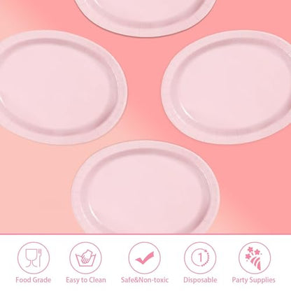 Grencian 50Pcs Pink Oval Paper Plates 10" x 12" Large Disposable 400GSM Heavy Duty Light Pink Paper Plates for Valentine's Day Girls Women Birthday Wedding Bridal Shower Baby Shower Party Supplies - style: Pink Oval Plates Set