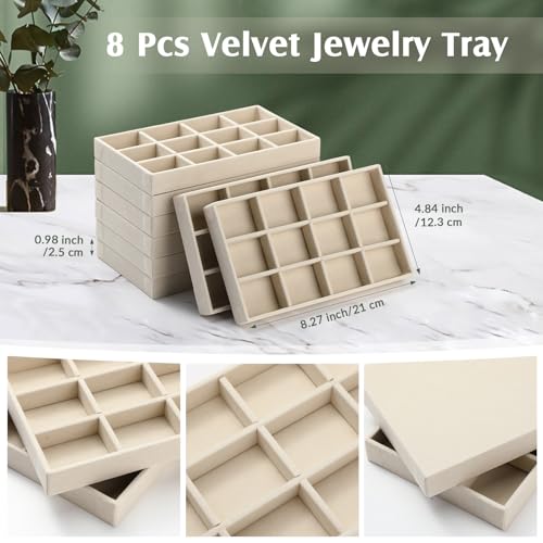 Highergo 8 Pcs Velvet Jewelry Trays Stackable Drawers Organizer Ring Earring Bracelet Necklace Storage Trays, 8.3x4.7x1''(12 Grids) - style: 12 Grids