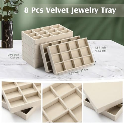 Highergo 8 Pcs Velvet Jewelry Trays Stackable Drawers Organizer Ring Earring Bracelet Necklace Storage Trays, 8.3x4.7x1''(12 Grids) - style: 12 Grids