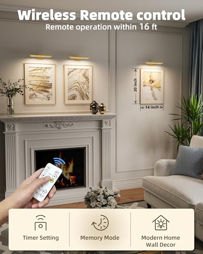 EZVALO Picture Light for Wall, Rechargeable 2400mAh Battery Lights Wireless with IR Remote, 3 Color & Dimmable Magnetic 7.87'' LED Lights Display for Painting, Living Room, Gallery, Bedroom(Gold-3P) - color: Gold, size: 3Pack-7.8in