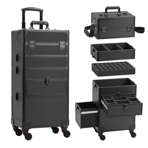 Somduy 4 in 1 Rolling Makeup Case on Wheels with Drawer and Professional Cosmetic Organizers for Salon Barber - Bright Black - color: Bright Black