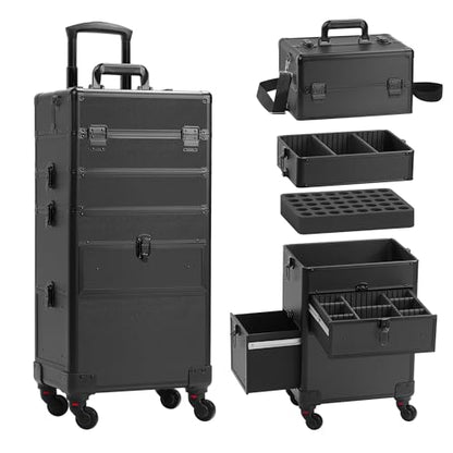 Somduy 4 in 1 Rolling Makeup Case on Wheels with Drawer and Professional Cosmetic Organizers for Salon Barber - Bright Black - color: Bright Black