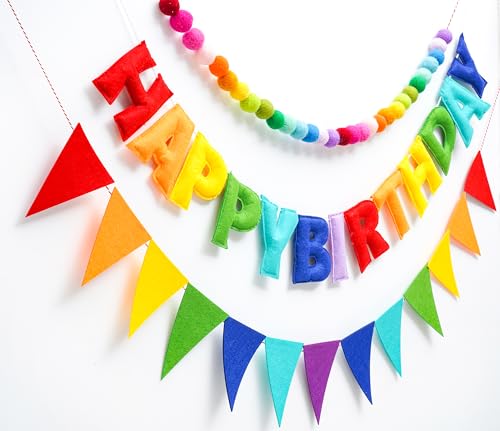 3 Pcs Pre-Strung Happy Birthday Banner, Felt Ball Garland, Pennant Triangle Flags, Rainbow Party Decorations, HAPPY BIRTHDAY Garland, Personalized Holiday Sign for Birthday Decor, Party Supplies, Photo Prop ( Felt Banner + Pennant Flags + Rainbow Balls) -