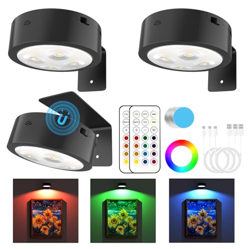 3 Pack Picture Lights for Wall, 13 RGB Color Rechargeable Battery Operated wall lights, Picture Frame lights with 3 Lighting Modes, Wireless Magnetic Painting Light with Remote Control Timer, (Black) - color: Black (RGB), size: 3 Pack