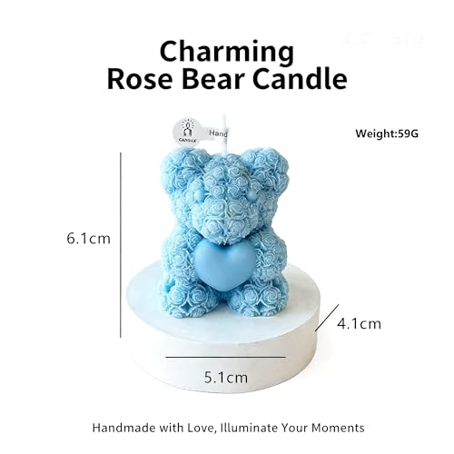 Cute Bear with Heart Scented Candle,60G Teddy Bear Rose Clusters Aesthetic Handmade Soy Wax Aroma Decorative Candle for Table Photo Prop Wedding Birthday Gift,Prefect for Meditation Stress-Blue