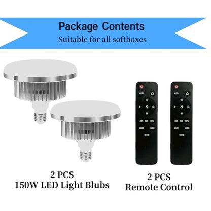 2 Pack 150W LED Soft Box Light, 2700-6500K Dimmable Color Temperatur Photography Light Bulb, E27 Lights Photography Photo Video Studio Lighting with Remote Control - size: LED 150W