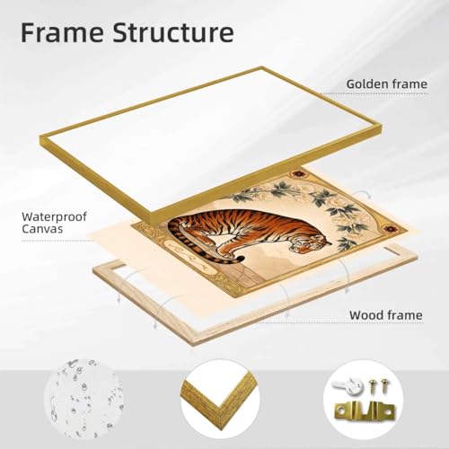 Framed Vintage Tiger Art Print Canvas Wall Art Elegant Poster Painting Pictures for Living Room Bedroom Home Decor Wall Decoration Wall Decor (24L x36W,Gold Framed) - size: 24L"x36W"