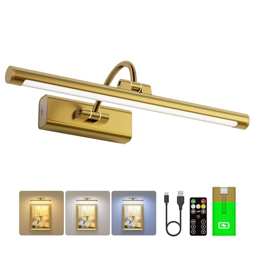 16" Gallery Picture Light with 1pcs Extra 6000mAh Battery- Brass Cordless Rechargeable Wall Sconce with Remote for Library, Study Room, Art & Renter Use - color: Brass, size: 16 Inch (1 Extra Battery)