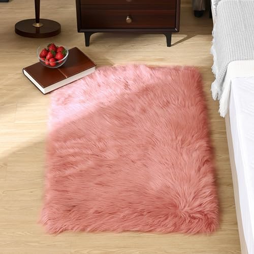 Goolela Pink Fluffy Fur Rug Fuzzy Furry Faux Sheepskin Pink Carpet 2x3 for Girls Bedroom Bedside Playroom Small Decor Cute Plush Washable Rectangle - color: Light Pink, size: 2' x 3' (Rectangular)