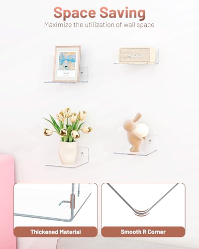 4 Pack Small Wall Shelf - 4" Floating Shelves for Wall Display Ledges for Funko Pop Figures, Plants, Speakers, Durable Plastic Adhesive or Screw Shelves in Bedroom Kitchen Living Room, Clear