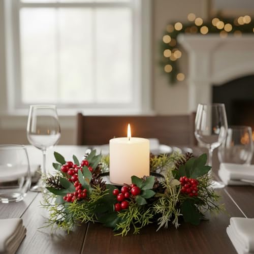 MOYEE Candle Holder Centerpieces for Tables,Candle Ring,Wreaths, Black Metal Candle Stick Paired Artificial Flowers 14 in Versatile Dining Table Centrepiece - color: Pinecone and Green Leaf Wreath