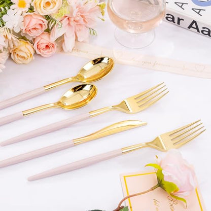 SUT 160Pcs Pink and Gold Plastic Silverware, Heavy Duty Plastic Silverware, Valentines Plastic Utensils, 80 Plastic Forks, 40 Knives, 40 Spoons, Disposable Cutlery for Parties, Valentines(Pink Gold) - style: Pink Gold