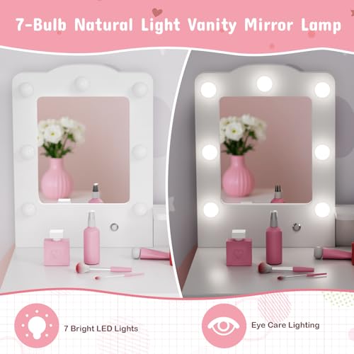 Arlopu Kids Vanity Set and Mirror, Wooden Pretend Play Vanity Table and Chair Set for Girls with Stool, Drawer, Princess Makeup Dress-Up Toy for Toddlers 3+Year Old (White) - color: White