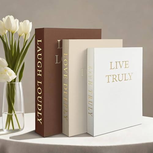 Aesthetic Decorative Books, Set of 3 Linen Fake Book, Faux Book Boxes for Coffee Table, Photo Organization, and Keepsake Storage - color: Brown/Beige/White