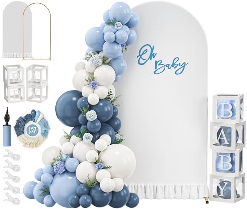 6.6FT Metal Arch Backdrop Stand and Cover Set, Blue Balloon Arch Kit, 153 Pcs Balloons, 4 Baby Shower Box, Letter Stickers, Clips for Baby Shower, Gender Reveal, Birthday, Wedding Decor