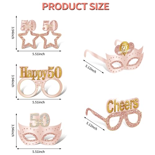 Guiruiy 24PCS 50th Birthday Paper Eyeglasses Decorations for Women, Pink Rose Gold Happy 50th Birthday Eyeglasses Party Supplies, Funny Fifty Year Old Birthday Glasses Photo Props Decor - style: Rose Gold 50th