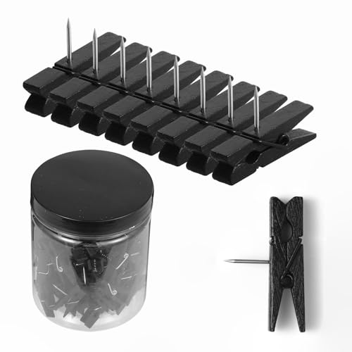 ‌ZYFOFFICE 100-Pack Black Push Pins with Spring-Loaded Wooden Clips, Damage-Free Cork Board Tacks for Artwork, Photos & Notes (No-Mark Design) - color: 100-black