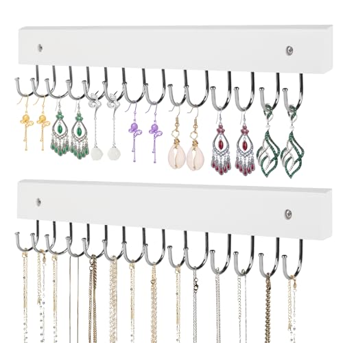 Necklace Holder Wall Mounted Jewelry Organizer - 2 Pack Wooden with 28 Hooks, Hanging Earring & Ring Bracelet Storage, Decorative Space-Saving Jewelry Display (White) - color: White