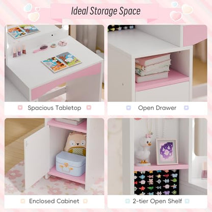 Girls Vanity Table and Chair Set, Kids Vanity with Jewelry Organizer for Princess, Toddler Makeup Vanity Desk with Open Shelf, Closed Cabinet and Butterfly Pattern, White - color: White