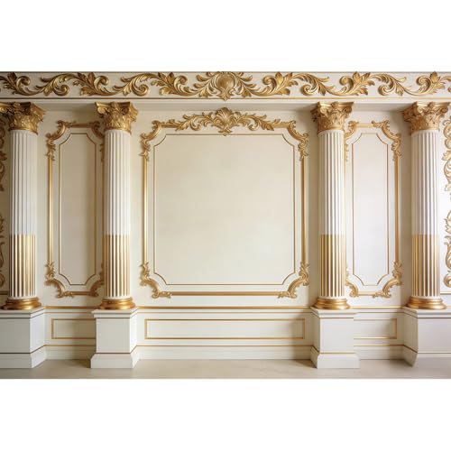 Classical Palace Wall Backdrop 5x3ft Royal Vintage Castle Gold Floral Wall Decor Photo Backdrops European Living Room Interior Background for Birthday Wedding Graduation Photo Studio - color: beige and gold, size: 5x3ft