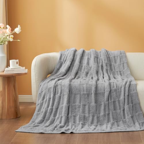 Snuggle Sac Faux Fur Checkered Blanket Twin Size with Soft Knitted Microfiber Fabric,Cozy Soft Warm Blanket for Sofa Bedroom Living Room,Solid Light Grey,60x80 inches - color: Solid Light Grey, size: Twin(60"x80")