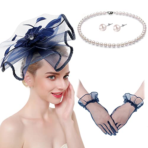 Fascinators Hats with Gloves Set for Women 20s 50s Cocktail Tea Party Wedding Costume Headwear - color: C-navy