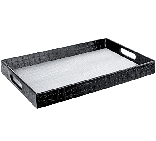 Home Redefined 17.5"x12" Silver & Black Glossy Crocodile Faux Leather Serving Tray Beautiful Modern Elegant Decorative Tray with Handles Ottoman Coffee Table Tv Remote Storage for All Occasion's - color: Silver/Black