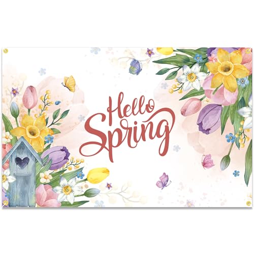 Backdrop Banner for Hello Spring Colorful Flower Butterfly Tulip Party Decorations for Spring Break Photography Background for Spring Easter Party Supplies Decors for Home Office