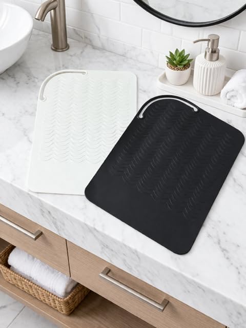 2-Pack Heat Resistant Silicone Mat for Hair Styling Tools – for Flat Iron, Curling Iron & Hot Hair Tools, Heat Proof Pad for Bathroom & Vanity Non-Slip Countertop Protector (Black/Cream) - color: Black/ Cream