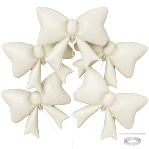 6PCS Cream Bow Balloons, 35 Inch Beige Bow Foil Balloon, Cream White Matte Helium Balloons, for Girls Women Birthday Wedding Engagement Valentine’s Day Proposal Baby Shower Party Decoration - style: Matt Bow Cream