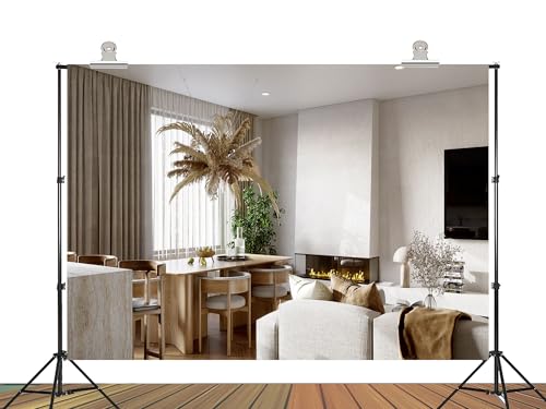 10x5ft Fabric Photography Backdrop, Mid-Century Modern Living Room with Wooden Furniture and Fireplace, Neutral Tones Interior Design for Meeting Video Background Photoshoot Studio Props - size: 10x5ft