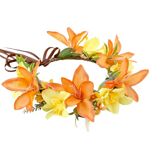 Hawaiian Leis Flower Crown, Yellow Tropical Flower Headband, Artificial Hawaii Floral Headpiece with Ribbon, Lei Hula Dress Up Accessory for Girls Women Summer Beach Pool Party Decorations - color: Yellow