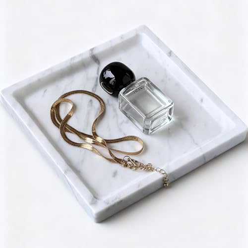 Marble Tray - 6" Jewelry Dish & Vanity Decor, Natural Stone Tray for Bathroom Kitchen Countertop, Small Trinket & Ring Organizer for Brides & Home (Calacatta White Square) - color: Calacatta White S