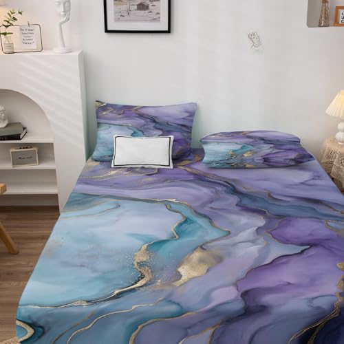 Purple Marble Sheets Full Size, Kids Girls Bed Sheet Set, Marble Texture Bedding Sheet Sets 4 Piece, Soft Microfiber Deep Pocket Fitted Sheet & Flat Sheet & 2 Pillowcases - color: Purple, size: Full