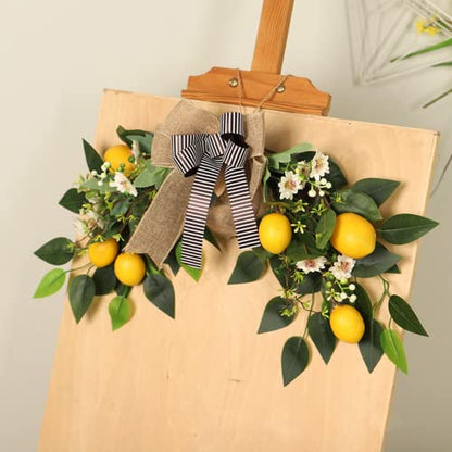 MANMAOHE Flower Swag Artificial Lemon Swag 22In Spring/Summer Wreath Fruit Wreath Garland with Ribbon Daisy and Eucalyptus Leaves for Wedding Home Party Wall Decor