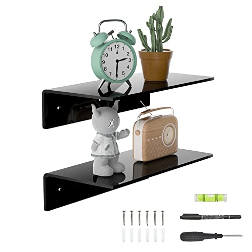 Sezanrpt 12 Inches Acrylic Wall Shelves 2 Pack, Floating Shelf for Wall Mounting, Acrylic Display Ledges for Funko Pop Figures, Home Décor, Living Room, Gaming Room, Plants(12 inch, Black) - color: Black, size: 12 Inch