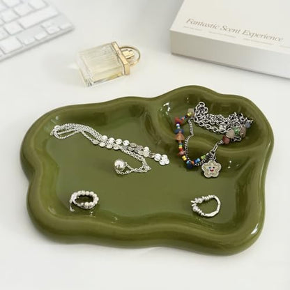 Green Ceramic Jewelry Tray Dish Large-sized Display Organizer Trinket Watch Keys, Dressing Table Decor Aesthetic Dish Holder for Mother's Day/Christmas/Thanksgiving/Birthday Gift