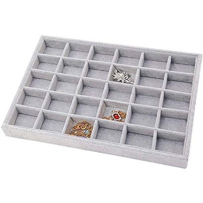 Grey Velvet Stackable 30 Compartments Jewelry Tray Showcase Display Organizer Holder Rectangle Storage Box Case Containers Chest for Women Crystal Stone,Stud Drop Earring,Watch,Bead,Trinket,Diamond - color: Grey 30 Grid