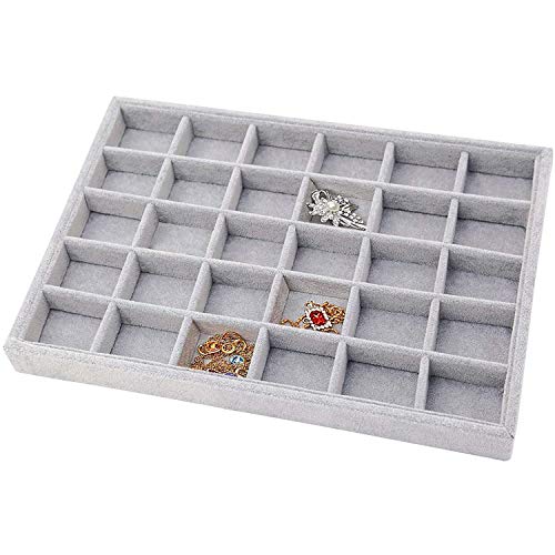 Grey Velvet Stackable 30 Compartments Jewelry Tray Showcase Display Organizer Holder Rectangle Storage Box Case Containers Chest for Women Crystal Stone,Stud Drop Earring,Watch,Bead,Trinket,Diamond - color: Grey 30 Grid