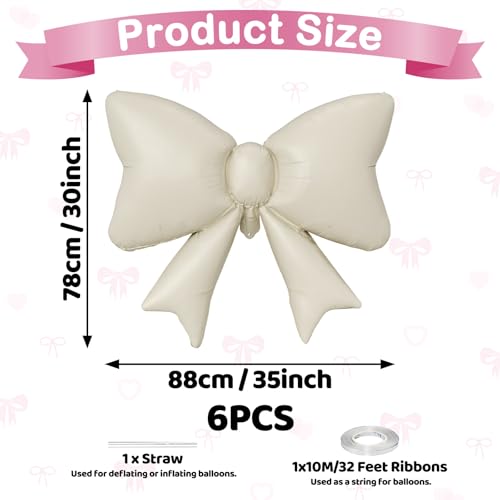 6PCS Cream Bow Balloons, 35 Inch Beige Bow Foil Balloon, Cream White Matte Helium Balloons, for Girls Women Birthday Wedding Engagement Valentine’s Day Proposal Baby Shower Party Decoration - style: Matt Bow Cream