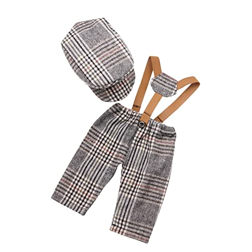 Newborn Monthly Baby Photo Props Stripe Checked Flat Cap Newsboy Suspender Pants Romper for Photography Outfits - color: Beige