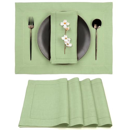 D'Moksha Homes Sage Green Linen Cloth Placemats Set of 4-100% Pure Linen Hemstitch Placemats 14 x 19 Inch - Classic Hemstitch Table Place Mats - Machine Washable - color: 16 - Sage Green