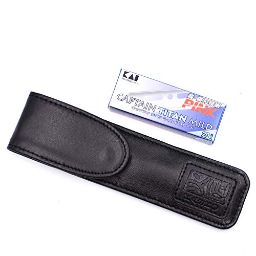 Kasho Captain Japanese Straight Edge Barbering Razor with Leather Case & 20 Kai Captain Blades -Compatible with Kai Captain and Feather Artist Club Razor Blades