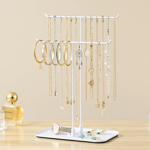 bussdis White Jewelry Organizer Necklace Holder Stand: 2-Tier T-Bar Display with White Metal Tray, Holds Necklaces Bracelets Earrings, Countertop Jewelry Tree  - color: White, size: 12.5" Height
