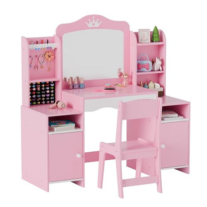MU Kids Vanity, Girl Vanity Set with Mirror and Stool, 2 in 1 Toddler Makeup Vanity Table with Jewelry Storage, Wooden Princess Makeup Desk Dressing Table for Little Girls, (Pink) - color: Pink