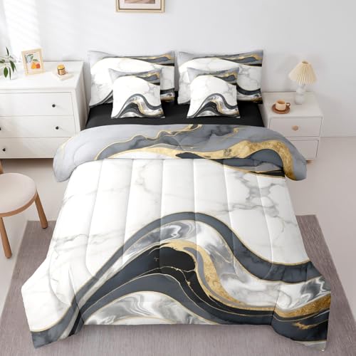 Erosebridal Abstract Marble Twin Comforter Set with Sheets for Adults Men Women,Black Grey White Marbling Art Bed in A Bag Modern Marble Grain 7 Piece Bedding Set Bronzing Sequins Bed Set - color: Black Grey White, size: Twin
