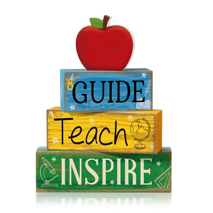 Yuntau 4 Pcs Teacher Appreciation Gift Wooden Table Decoration Apple Tiered Tray Decor Guide Teach Inspire Teacher Appreciation Gift Apple Block Sign Centerpiece Decor for Office Classroom - style: Apple