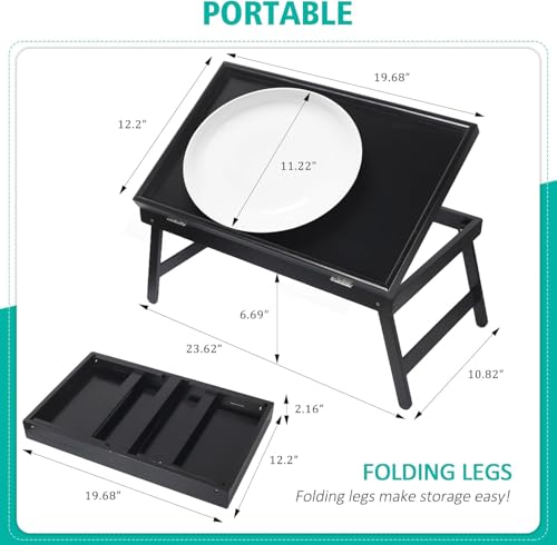 Artmeer Bed Tray Table Breakfast Food Tray with Folding Legs Kitchen Serving Tray for Lap Desks Notebook Computer Bed Platters TV Snack Tray, Adjustable (Black) - color: Black, size: Large