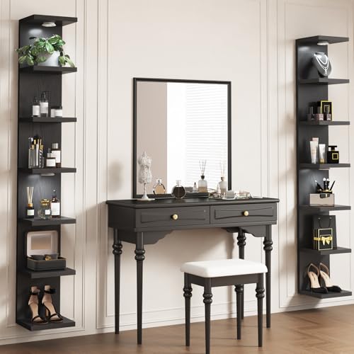 Fixwal Black Shelves 7 Tier Wall Mounted Shelf Unit Floating Shelves with LED Lights Lack Wall Shelf for Home Decor Organizer Display - color: Black
